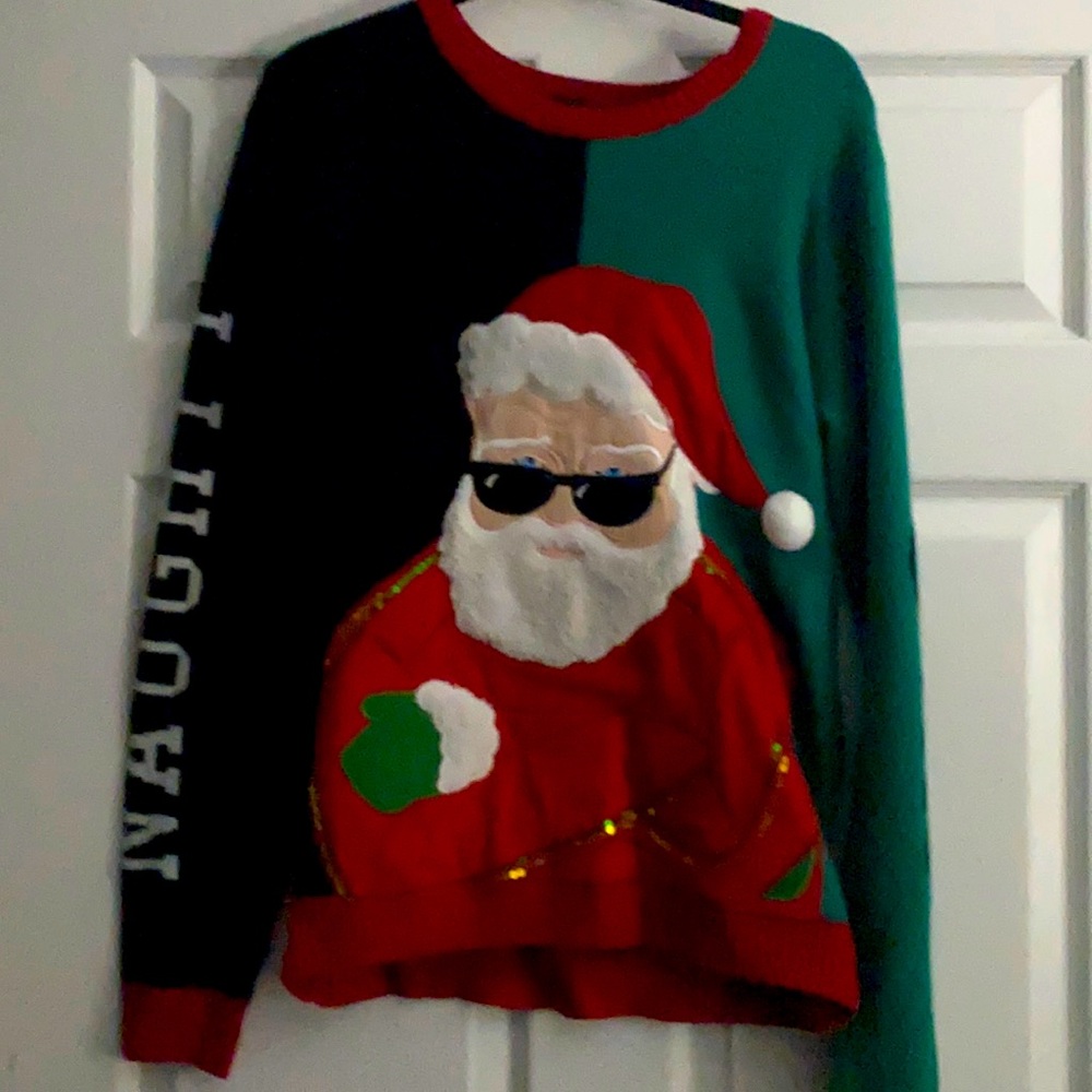 Black and Green X-mas sweater with cool sparkle Santa on front!